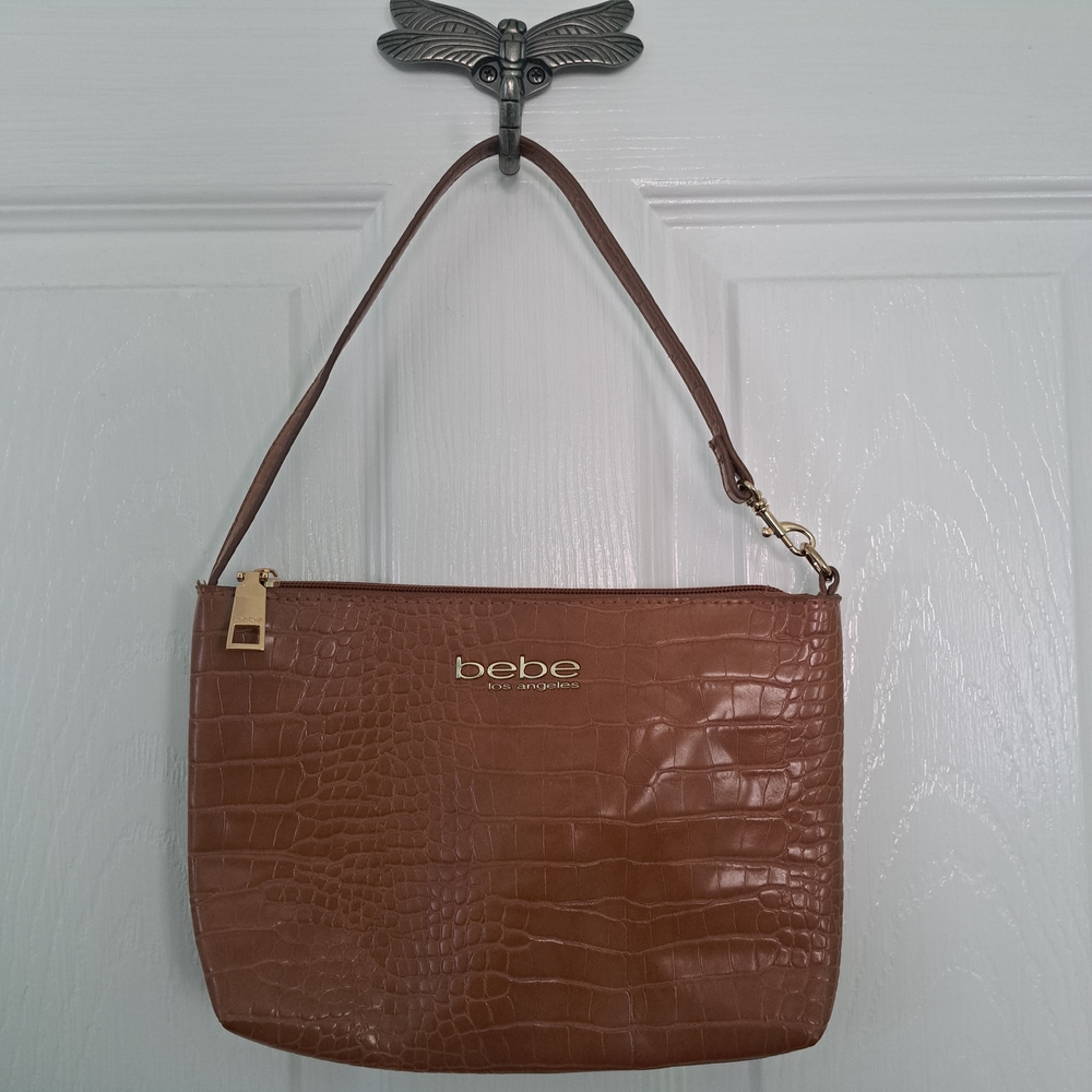 Bebe Croc-Embossed Shoulder Bag in Cognac with Gold Hardware